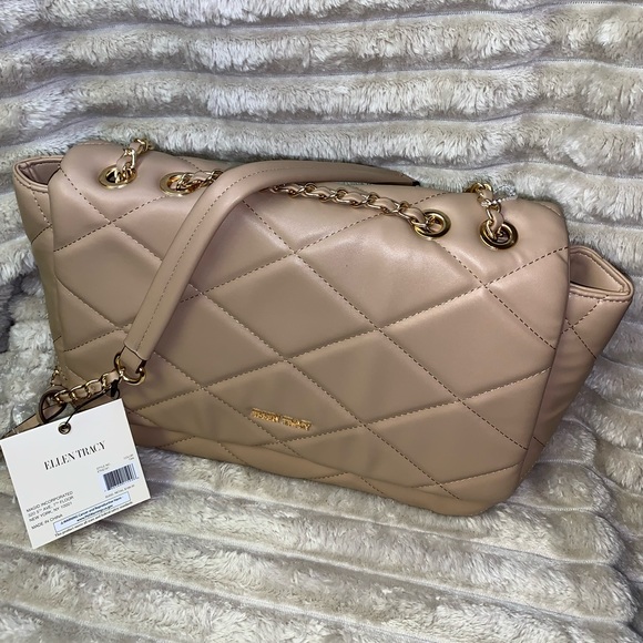 Ellen Tracy Smooth Diamond Quilted Top Flap Satchel Hand Bag - Picture 4 of 11